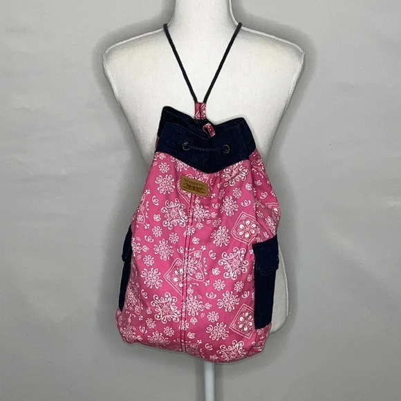 Levi's Pink Bandana Print & Denim Drawstring Backpack with Pockets - Picture 1 of 9